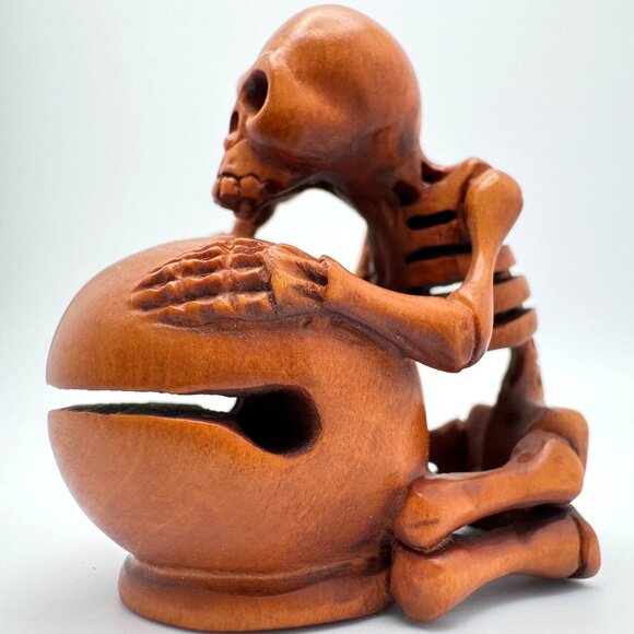Netsuke Large Skeleton Playing Drum Hardwood Carving Sculpture Japanese Vintage - Picture 6 of 11